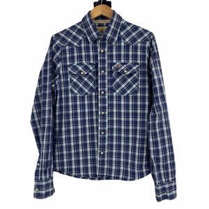 Men's Hollister Plaid Western Snap Shirt Medium 9970 Blue Flap Pockets